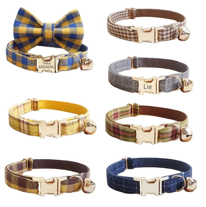 Cat Collar with Bow Tie & Bell - Plaid Design