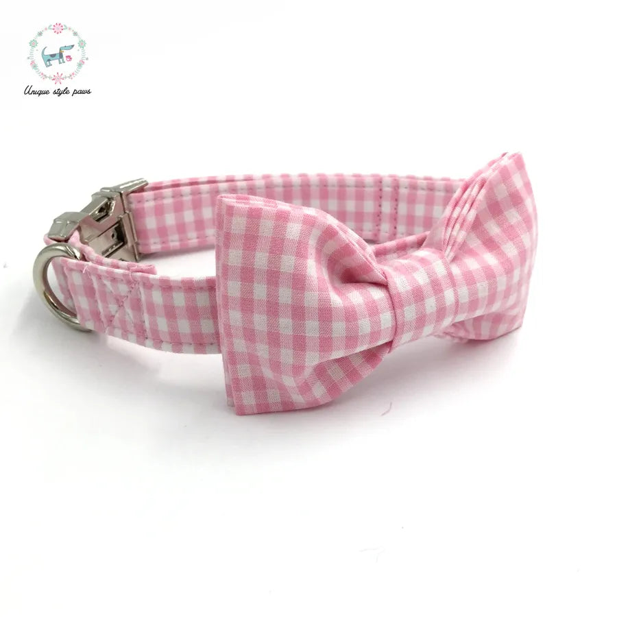 Dog or Cat Collar with Bow Tie - Pink Plaid - The Daisy