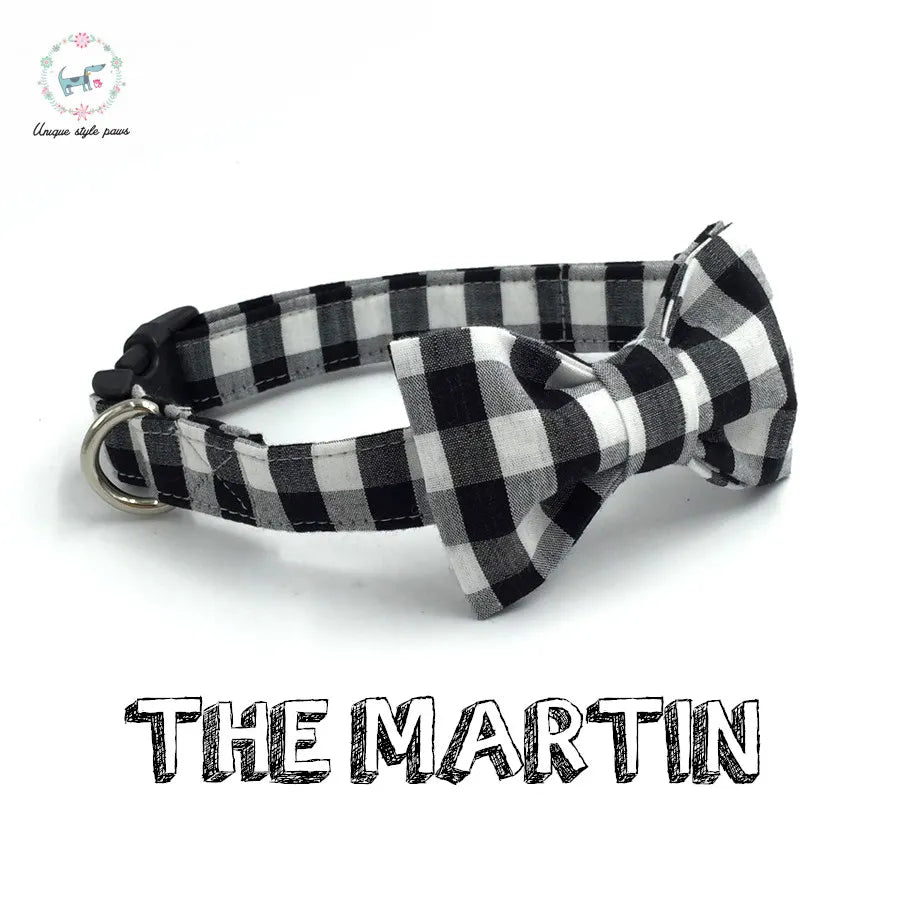 Dog or Cat Collar with Bow Tie - Black & White Check - The Martin