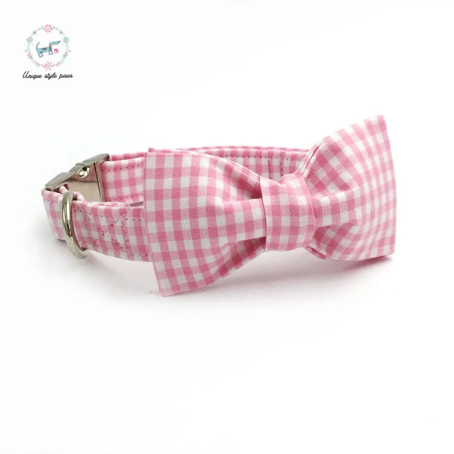 Dog Collar with Bow Tie & Lead - Pink Plaid - The Daisy Plus