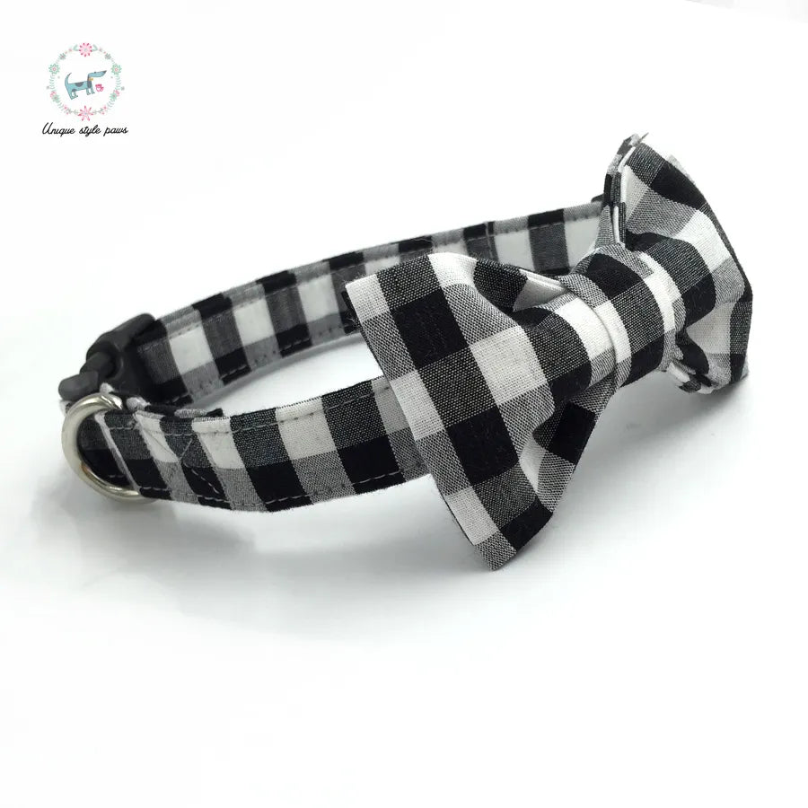 Dog or Cat Collar with Bow Tie - Black & White Check - The Martin