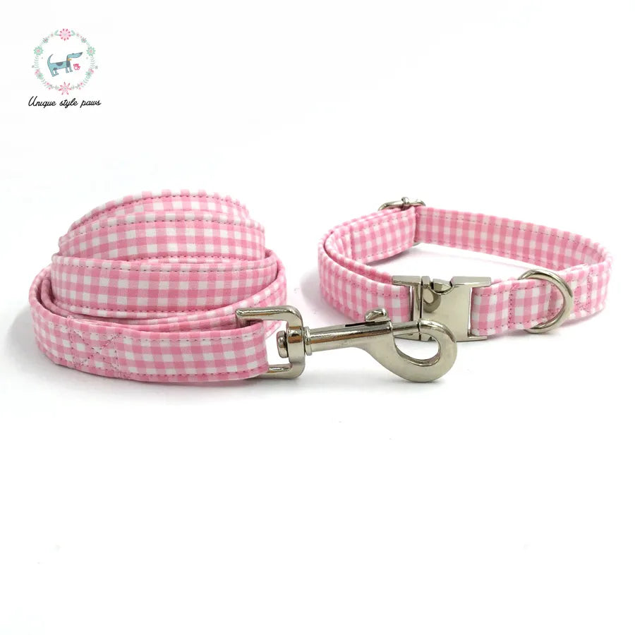 Dog Collar with Bow Tie & Lead - Pink Plaid - The Daisy Plus