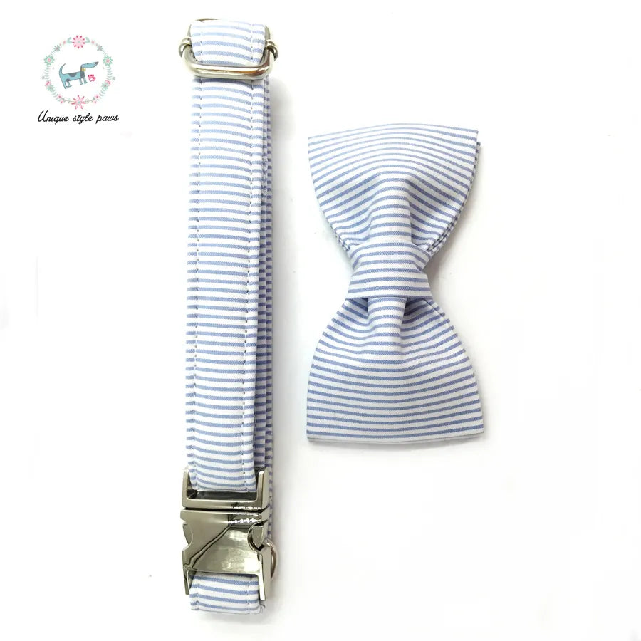 Dog Collar with Bow Tie - Blue Striped - The Austin