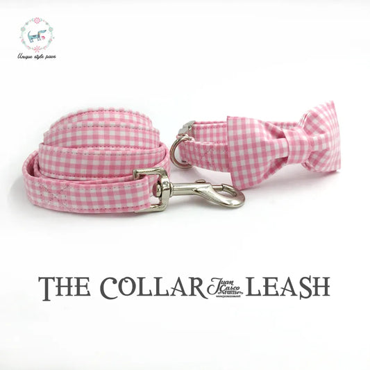 Dog Collar with Bow Tie & Lead - Pink Plaid - The Daisy Plus