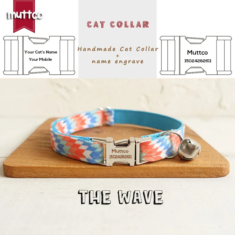 Muttco Personalised adjustable cat collar - The Wave Design