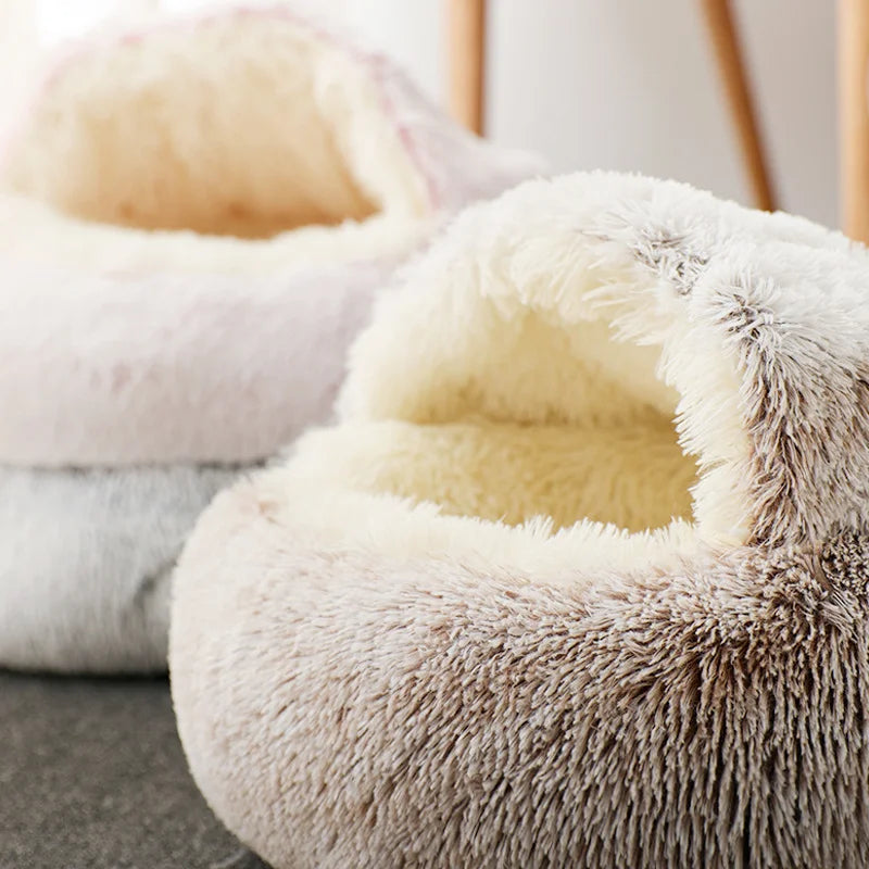 Plush Round Pet Bed with Canopy